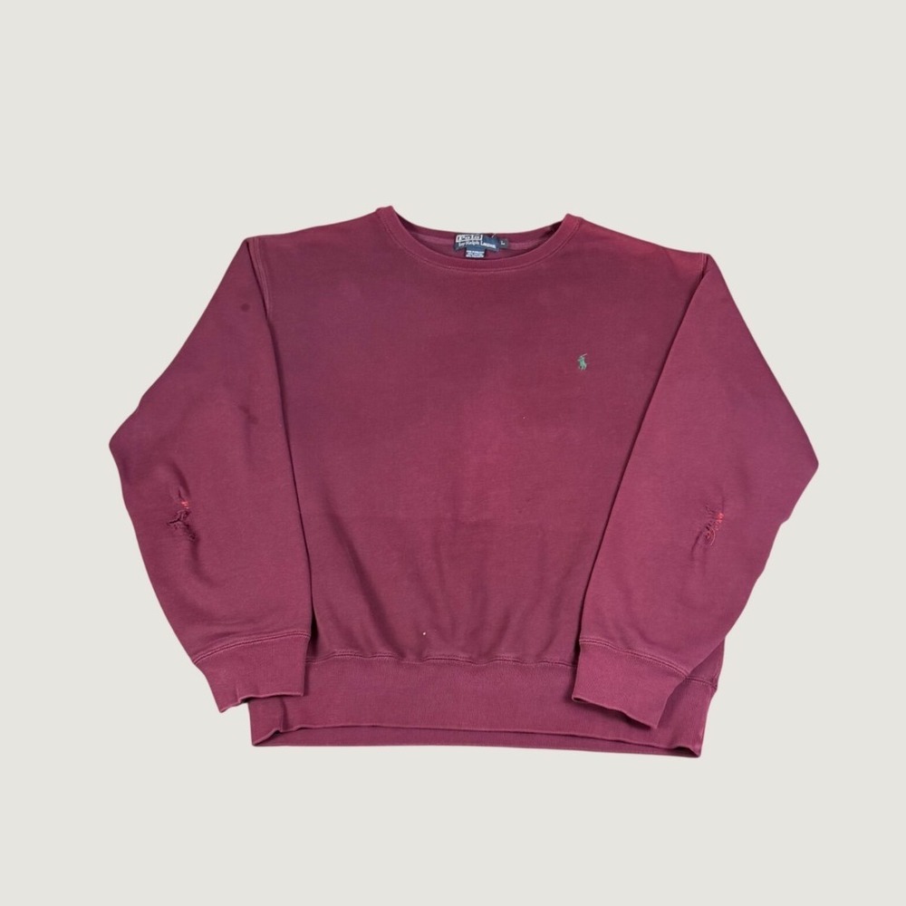 Polo Ralph Lauren Vintage Crewneck Sweatshirt Burgundy Maroon Distressed Mens L
